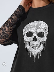 Yours Curve Black Limited Puff Skull Print Lace Sleeve T-Shirt - Image 4 of 6