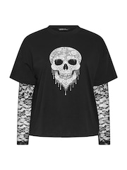 Yours Curve Black Limited Puff Skull Print Lace Sleeve T-Shirt - Image 5 of 6