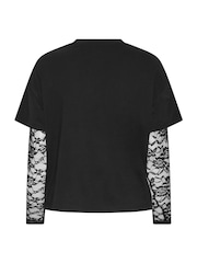 Yours Curve Black Limited Puff Skull Print Lace Sleeve T-Shirt - Image 6 of 6