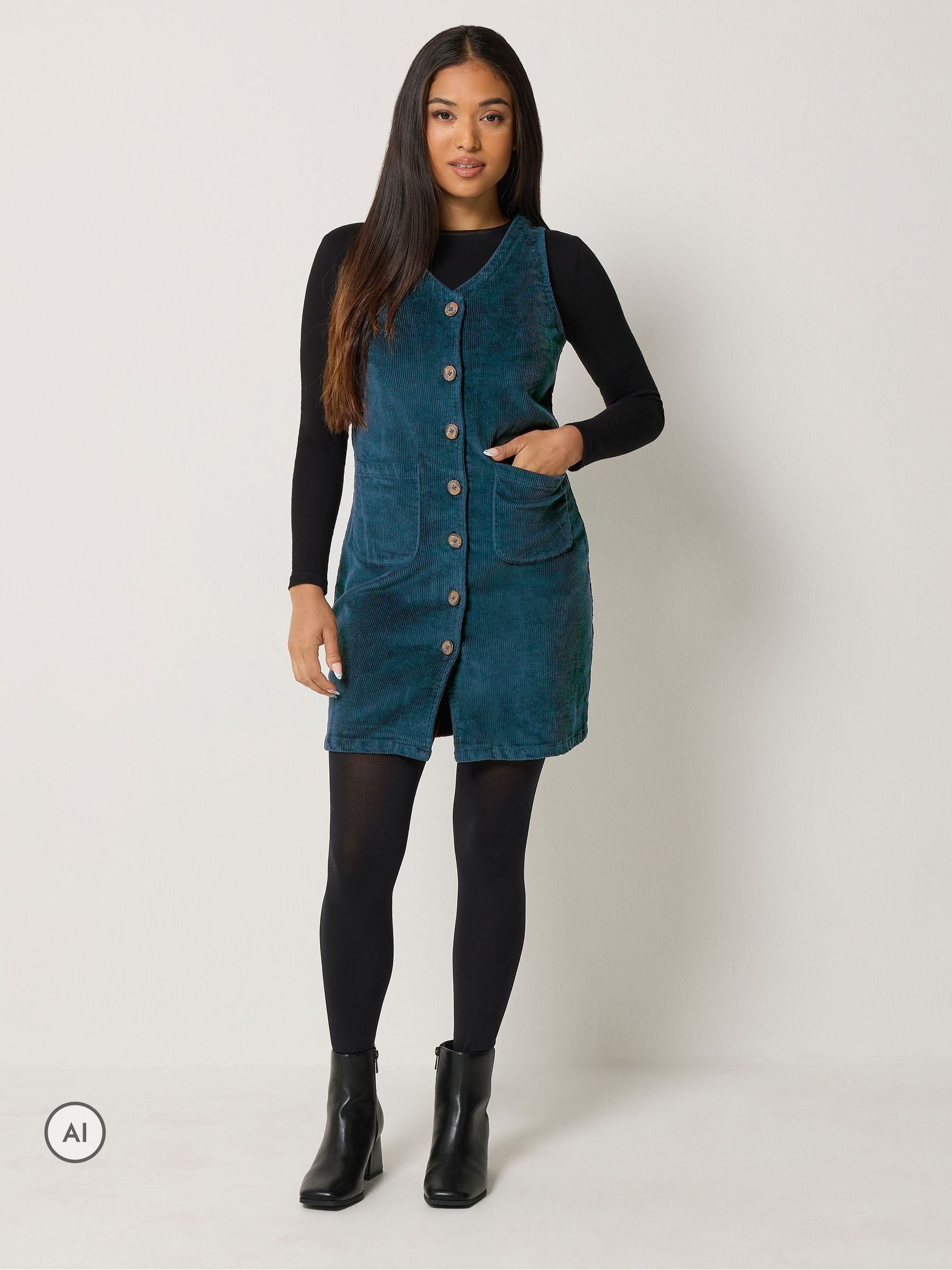 M & Co Women's Blue Petite Corduroy Pinafore Mini Dress
