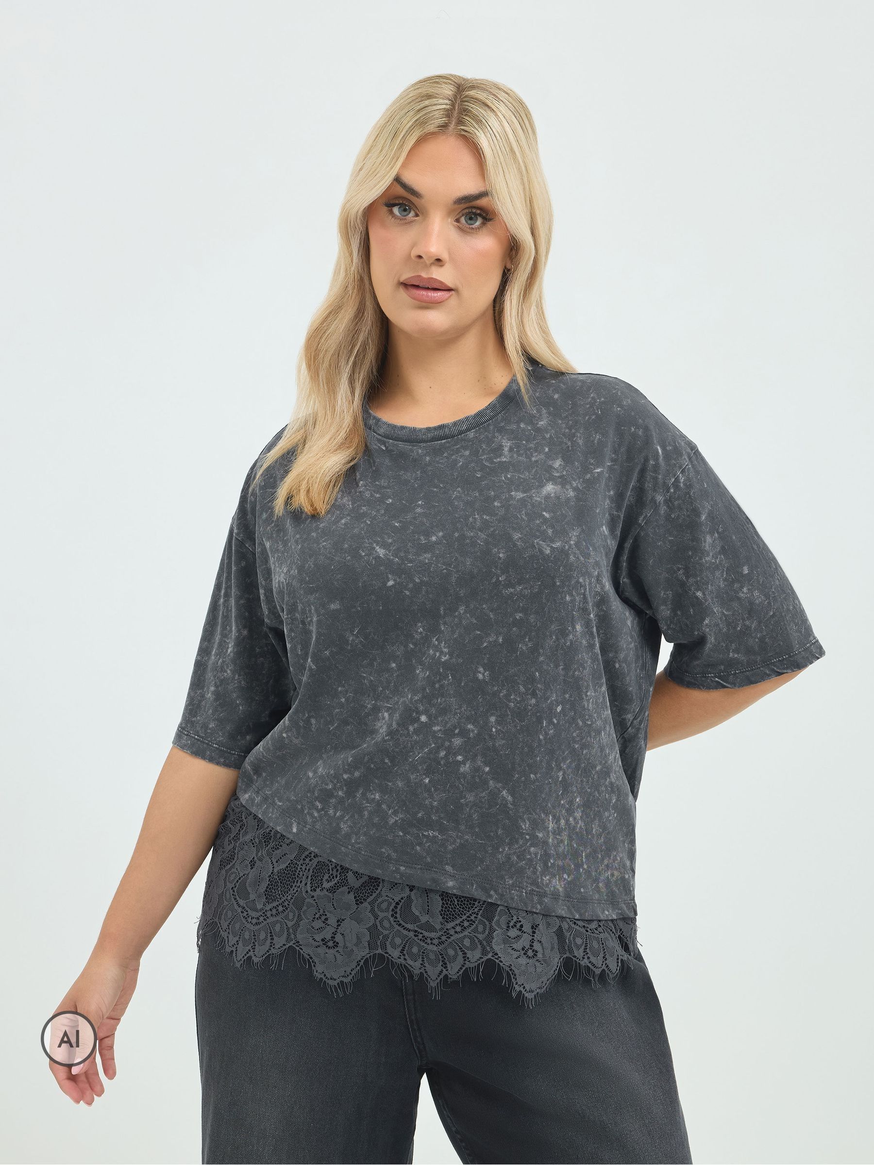 Yours Women's Grey Acid Wash Lace T-Shirt In | : 26/28 - Image 6