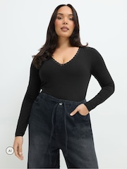 Yours Curve Black Limited Lace V Bodysuit - Image 1 of 6