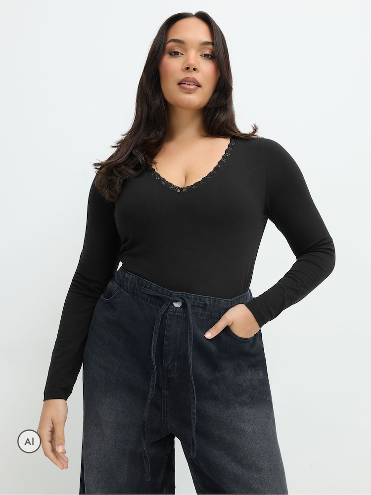 Yours Curve Black Limited Lace V Bodysuit - Image 1 of 6 Yours Curve Black Limited Lace V Bodysuit - Image 1 of 6