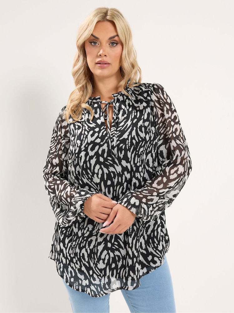 Yours Curve Black Frill Neck Leopard Print Blouse - Image 1 of 7 Yours Curve Black Frill Neck Leopard Print Blouse - Image 1 of 7