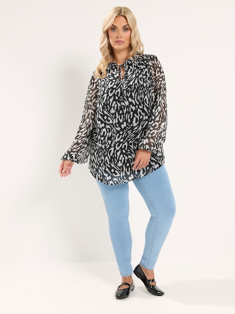 Yours Curve Black Frill Neck Leopard Print Blouse - Image 2 of 7 Yours Curve Black Frill Neck Leopard Print Blouse - Image 2 of 7