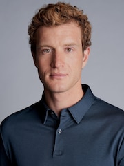 Charles Tyrwhitt Petrol Blue 100% Cotton Plain Long Sleeve Jersey Polo Shirt - Image 2 of 5