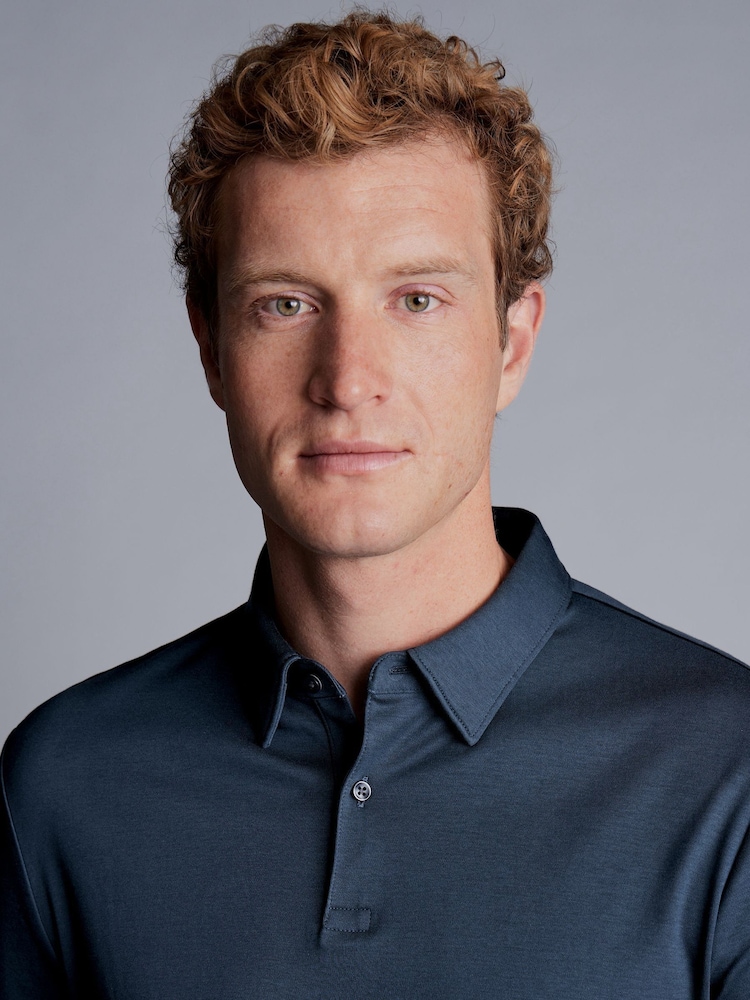 Charles Tyrwhitt Petrol Blue 100% Cotton Plain Long Sleeve Jersey Polo Shirt - Image 2 of 5
