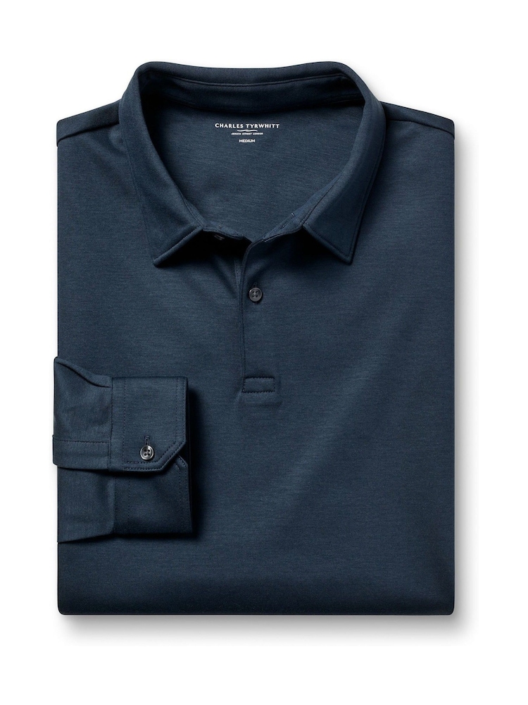 Charles Tyrwhitt Petrol Blue 100% Cotton Plain Long Sleeve Jersey Polo Shirt - Image 3 of 5