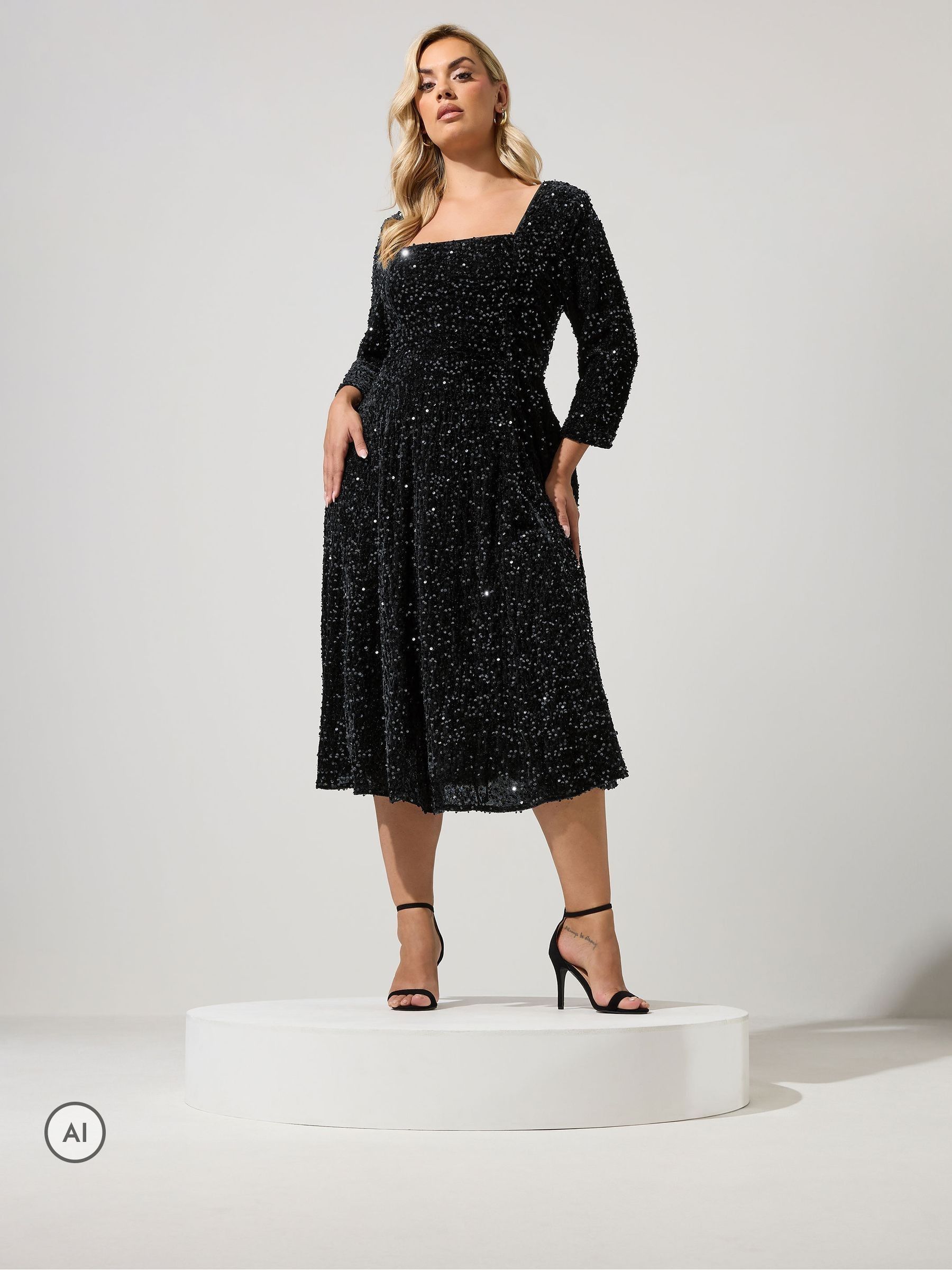 Yours Curve Women's Black London Sequin Velvet Skater Dress