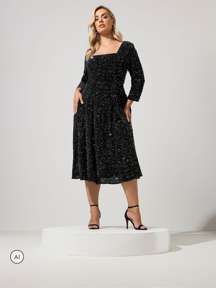 Чорний - Yours Curve London Sequin Velvet Skater Dress - Image 1 of 6