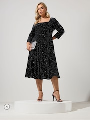 Чорний - Yours Curve London Sequin Velvet Skater Dress - Image 2 of 6