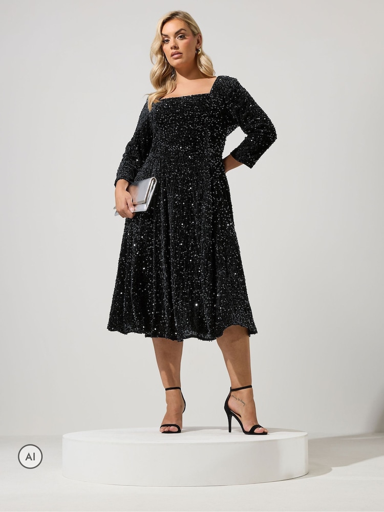 Чорний - Yours Curve London Sequin Velvet Skater Dress - Image 2 of 6