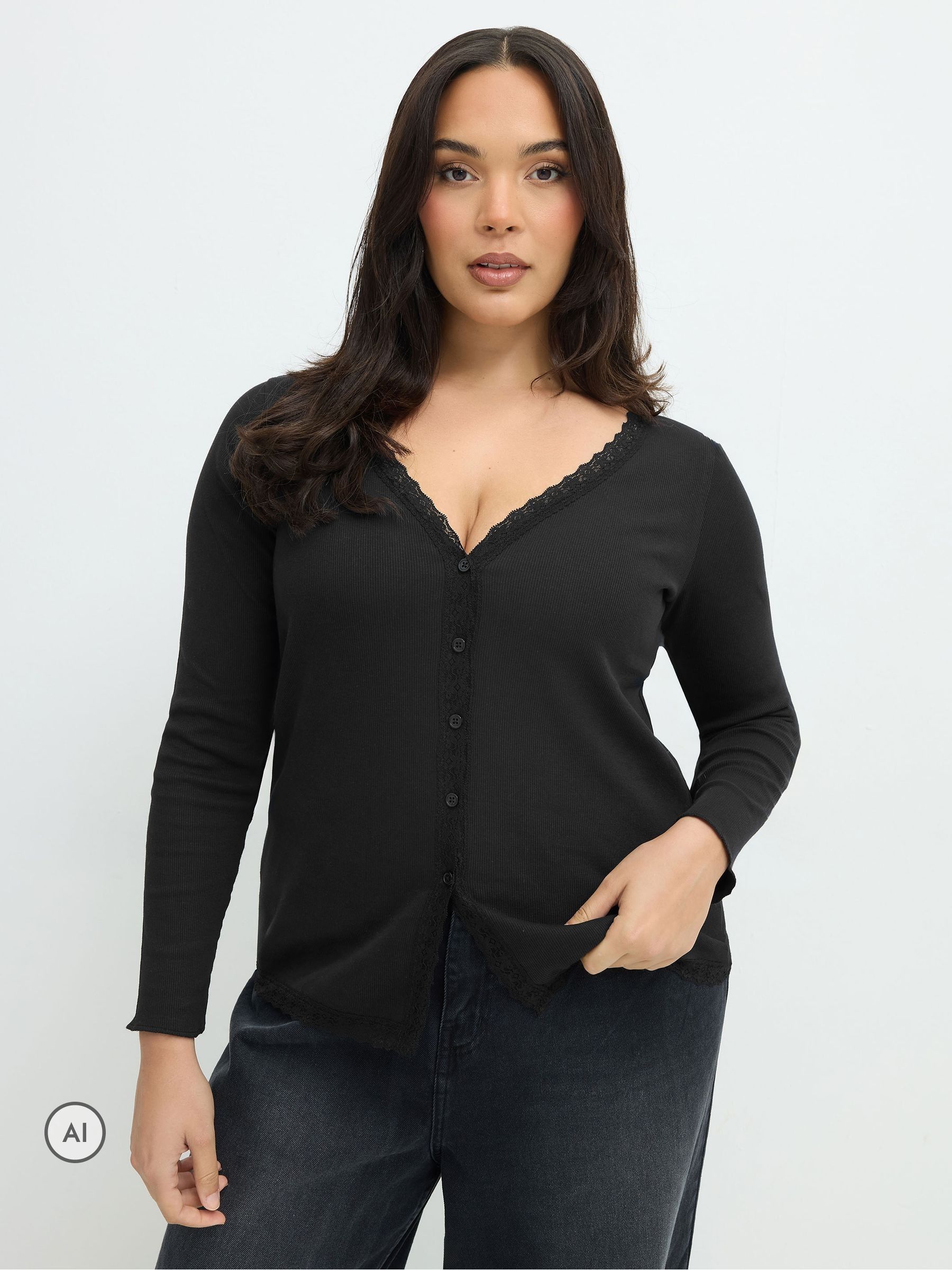 Yours Women's Black Lace Edge Long Sleeve Top In Size 26-28 - Image 2