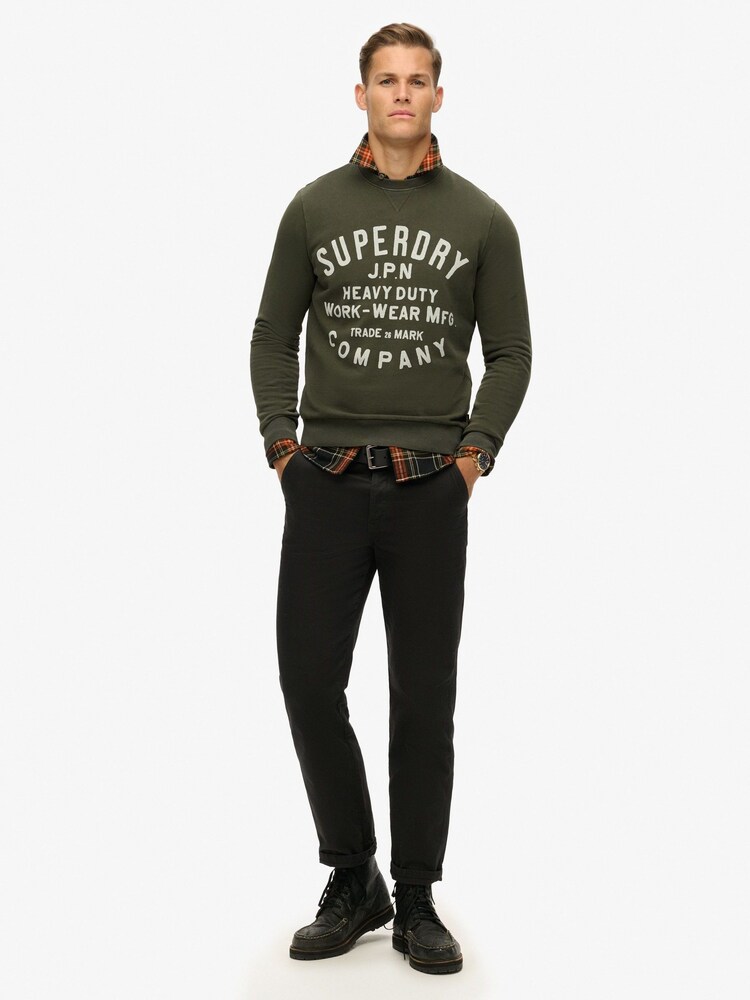 Superdry Olive Green Olive Green 100% Cotton Machined Goods Workwear Crew Sweatshirt - Image 2 of 4