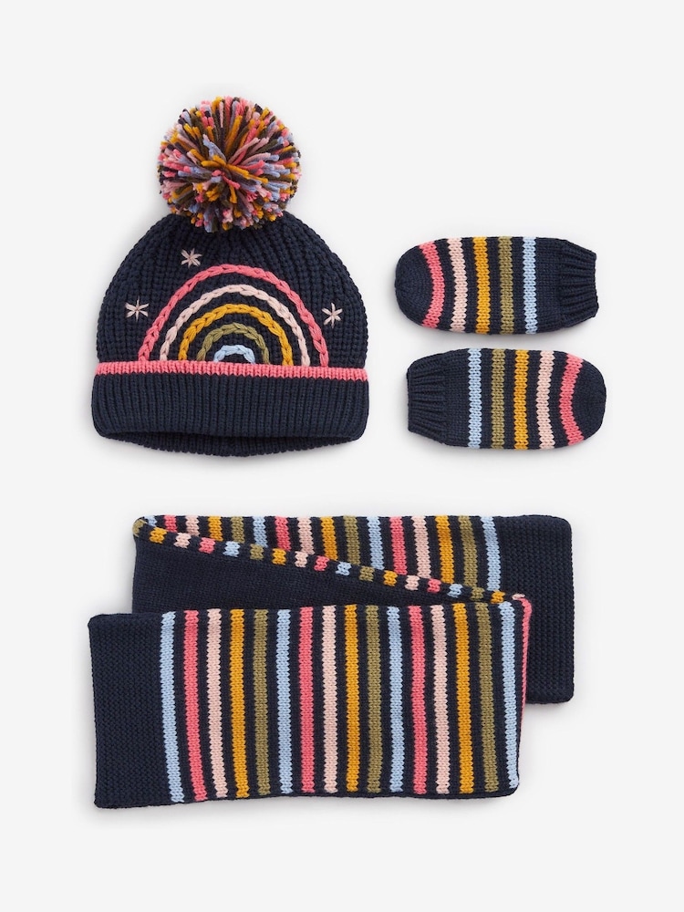 Navy Stripe Pom Hat, Mitts And Scarf 3 Piece Set (3mths-6yrs) - Image 1 of 2