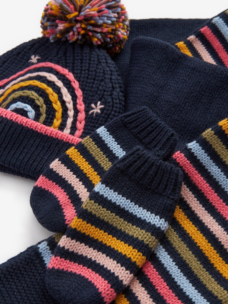 Navy Stripe Pom Hat, Mitts And Scarf 3 Piece Set (3mths-6yrs) - Image 2 of 2