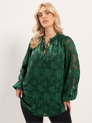 Yours Curve Green Frill Neck Abstract Textured Blouse - Image 1 of 6