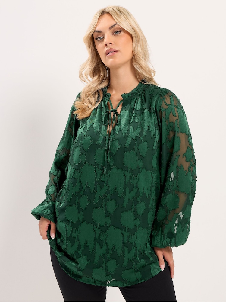 Yours Curve Green Frill Neck Abstract Textured Blouse - Image 1 of 6 Yours Curve Green Frill Neck Abstract Textured Blouse - Image 1 of 6