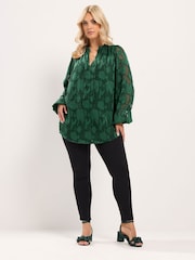 Yours Curve Green Frill Neck Abstract Textured Blouse - Image 2 of 6