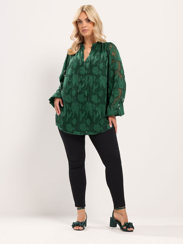 Yours Curve Green Frill Neck Abstract Textured Blouse - Image 2 of 6 Yours Curve Green Frill Neck Abstract Textured Blouse - Image 2 of 6