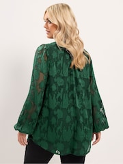 Yours Curve Green Frill Neck Abstract Textured Blouse - Image 3 of 6
