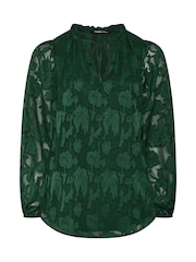 Yours Curve Green Frill Neck Abstract Textured Blouse - Image 5 of 6