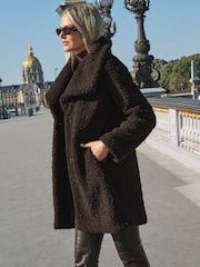 Sosandar Brown Super Cosy Borg Funnel Collar Coat - Image 2 of 5