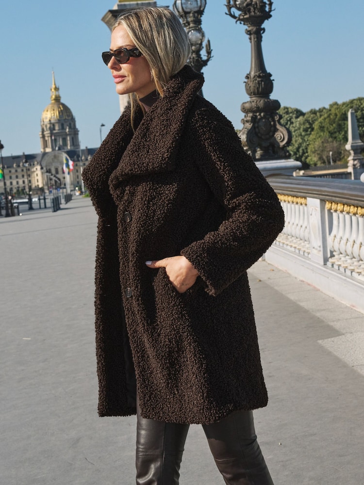Sosandar Brown Super Cosy Borg Funnel Collar Coat - Image 2 of 5 Sosandar Brown Super Cosy Borg Funnel Collar Coat - Image 2 of 5