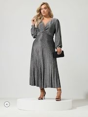 Yours Curve Silver London Metallic Pleated Knot Dress - Image 1 of 6