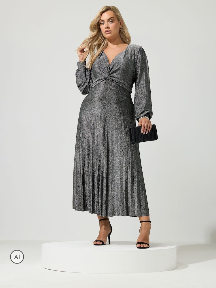Yours Curve Silver London Metallic Pleated Knot Dress - Image 1 of 6