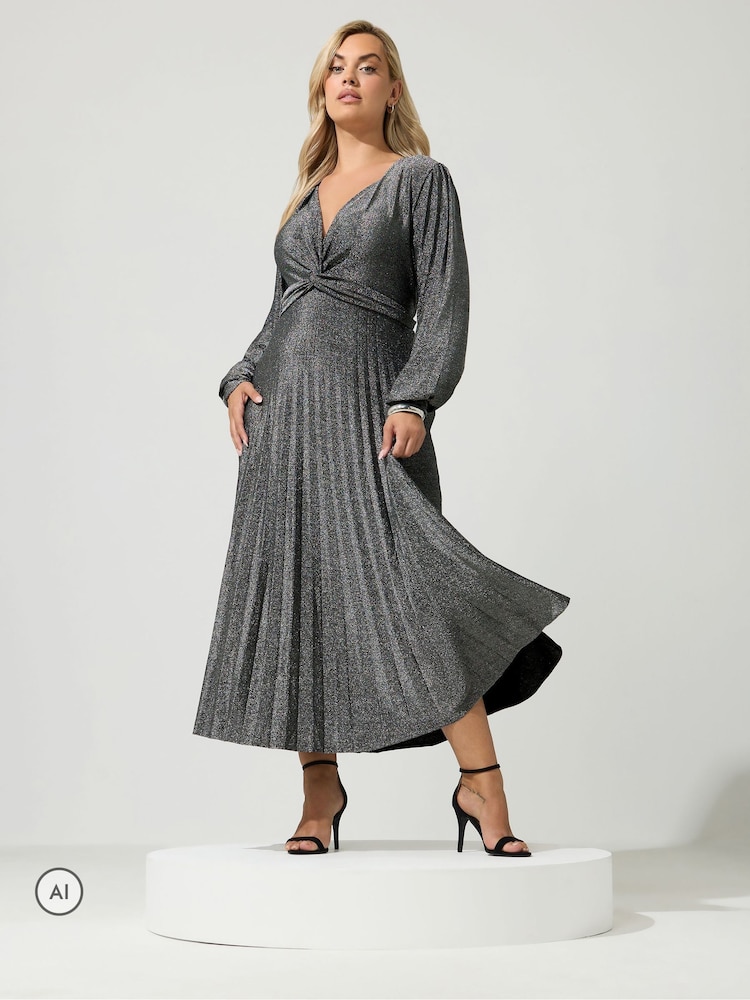 Yours Curve Silver London Metallic Pleated Knot Dress - Image 2 of 6
