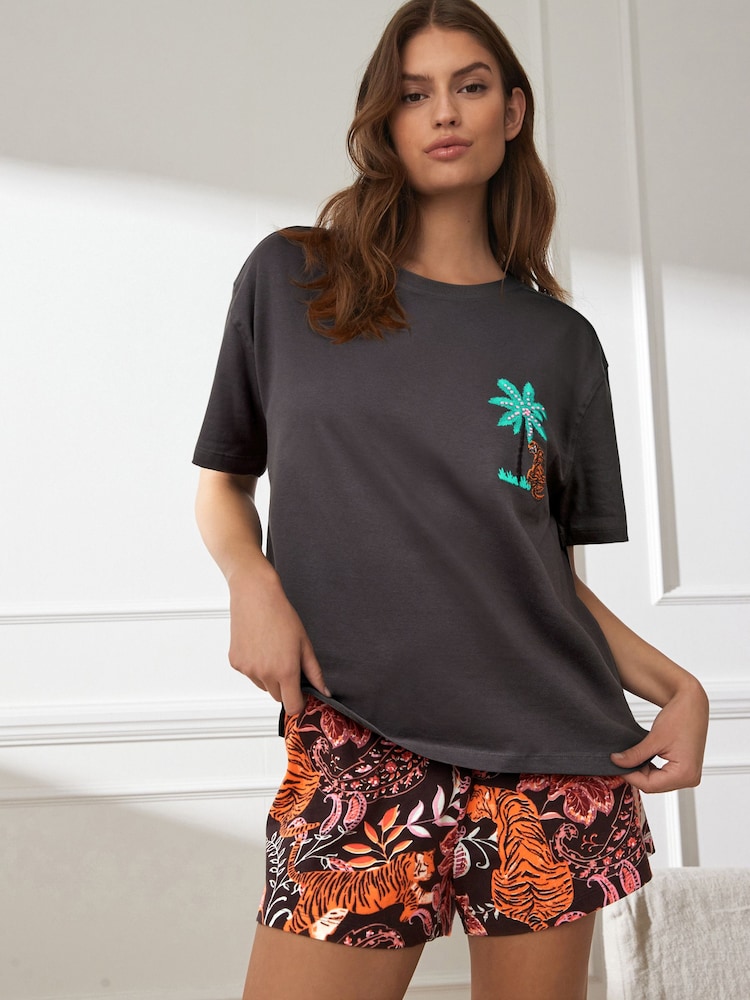 Charcoal Grey Safari Cotton Short Set Pyjamas - Image 2 of 10