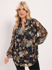 Yours Curve Black Floral Metallic Frill Neck Blouse - Image 1 of 6