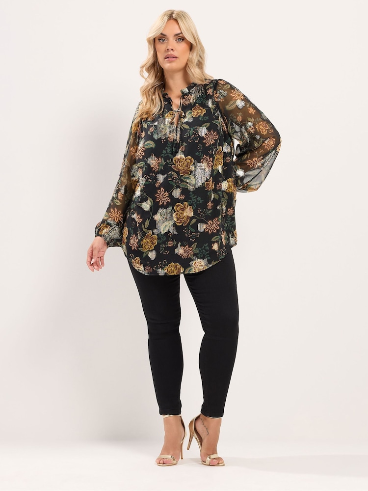 Yours Curve Black Floral Metallic Frill Neck Blouse - Image 2 of 6 Yours Curve Black Floral Metallic Frill Neck Blouse - Image 2 of 6