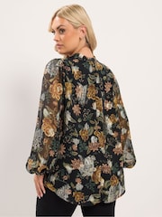 Yours Curve Black Floral Metallic Frill Neck Blouse - Image 3 of 6