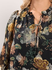 Yours Curve Black Floral Metallic Frill Neck Blouse - Image 4 of 6