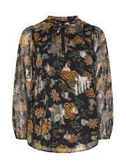 Yours Curve Black Floral Metallic Frill Neck Blouse - Image 5 of 6