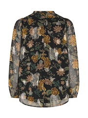 Yours Curve Black Floral Metallic Frill Neck Blouse - Image 6 of 6