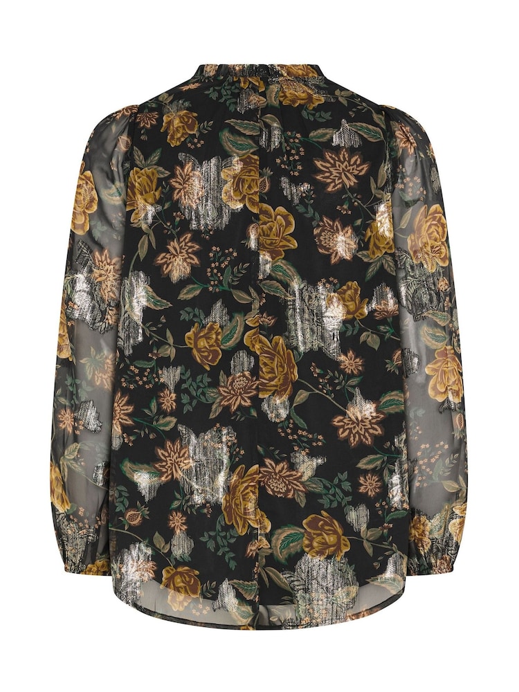 Yours Curve Black Floral Metallic Frill Neck Blouse - Image 6 of 6 Yours Curve Black Floral Metallic Frill Neck Blouse - Image 6 of 6