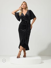Yours Curve Black London Velvet Ruffle Wrap Dress - Image 1 of 6