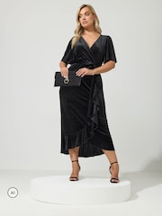 Yours Curve Black London Velvet Ruffle Wrap Dress - Image 2 of 6