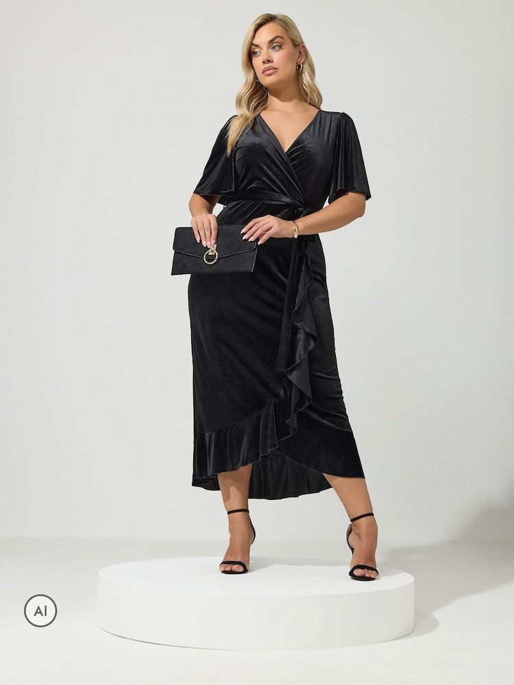 Yours Curve Black London Velvet Ruffle Wrap Dress - Image 2 of 6 Yours Curve Black London Velvet Ruffle Wrap Dress - Image 2 of 6
