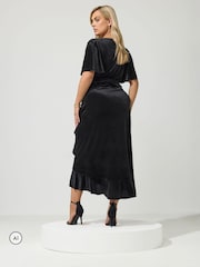 Yours Curve Black London Velvet Ruffle Wrap Dress - Image 3 of 6