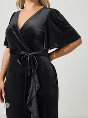 Yours Curve Black London Velvet Ruffle Wrap Dress - Image 4 of 6