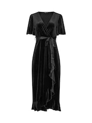 Yours Curve Black London Velvet Ruffle Wrap Dress - Image 5 of 6