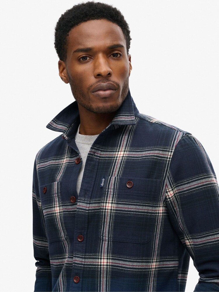 Superdry Boseman Check Navy 100% Cotton Vintage Check Overshirt - Image 3 of 3