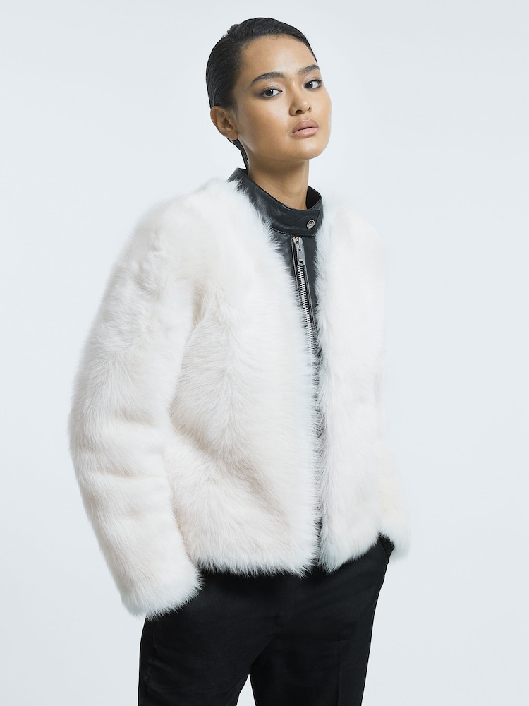 Reiss Ivory/Black Carson Leather-Shearling Zip-Through Jacket - Image 1 of 5
