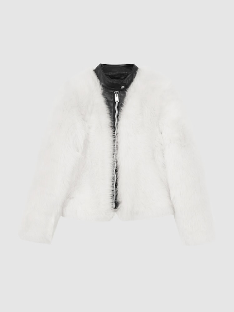 Reiss Ivory/Black Carson Leather-Shearling Zip-Through Jacket - Image 2 of 5
