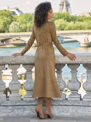 Sosandar Brown Faux Suede Belted Fit & Flare Shirt Dress - Image 2 of 5
