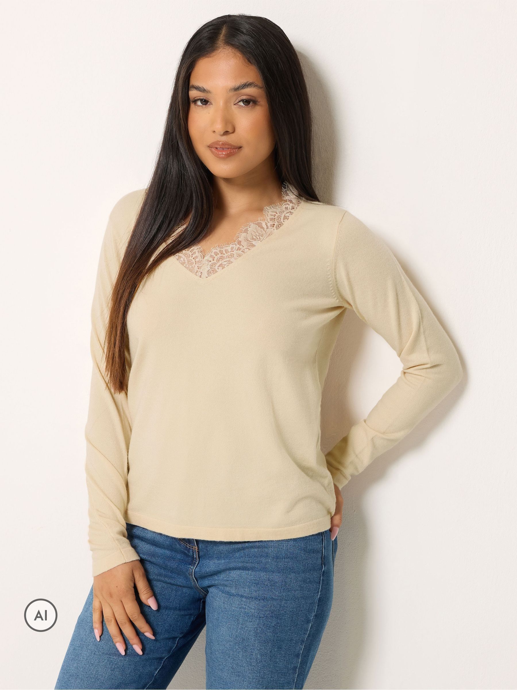 Buy M&Co Cream Petite Lace Trim V-Neck Jumper from Next USA